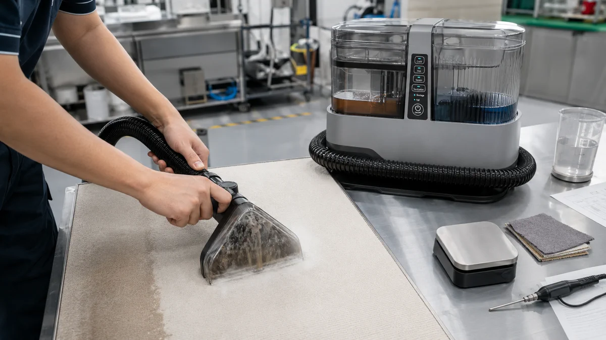 Steam upholstery cleaner test evaluating steam delivery and dirty water extraction