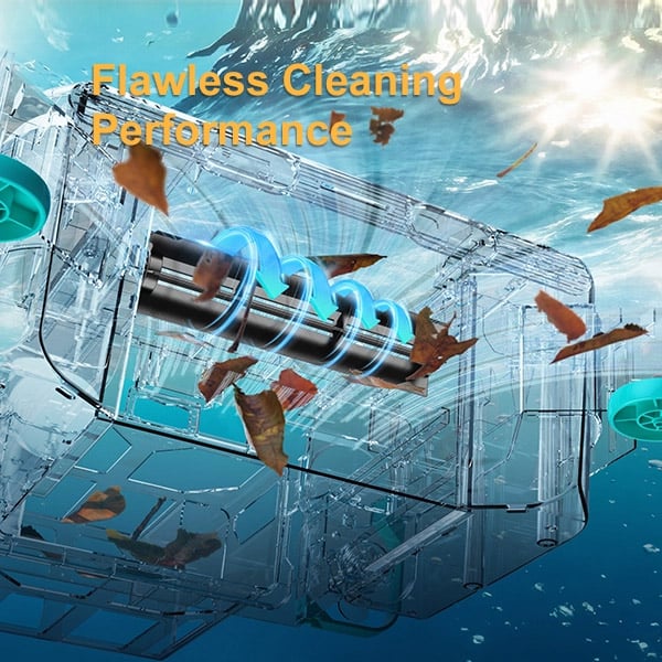 Internal view of Minfu MFS01 pool skimmer showing large 6L debris collection capacity and powerful roller.