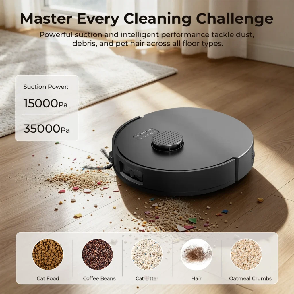 Robot vacuum with up to 35000Pa suction for pet hair, dust, crumbs and floor debris Robot vacuum with up to 35000Pa suction for pet hair, dust, crumbs and floor debris