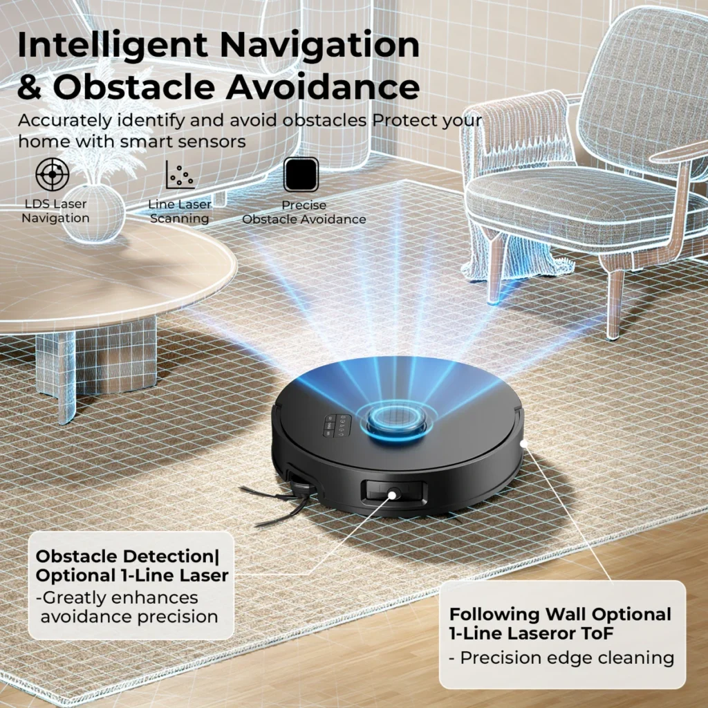 Smart robot vacuum with LDS laser navigation, obstacle detection and precision edge cleaning Smart robot vacuum with LDS laser navigation, obstacle detection and precision edge cleaning