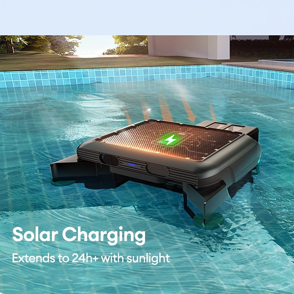Minfu MFS01 solar robotic pool skimmer floating on water with large solar panel for continuous cleaning.