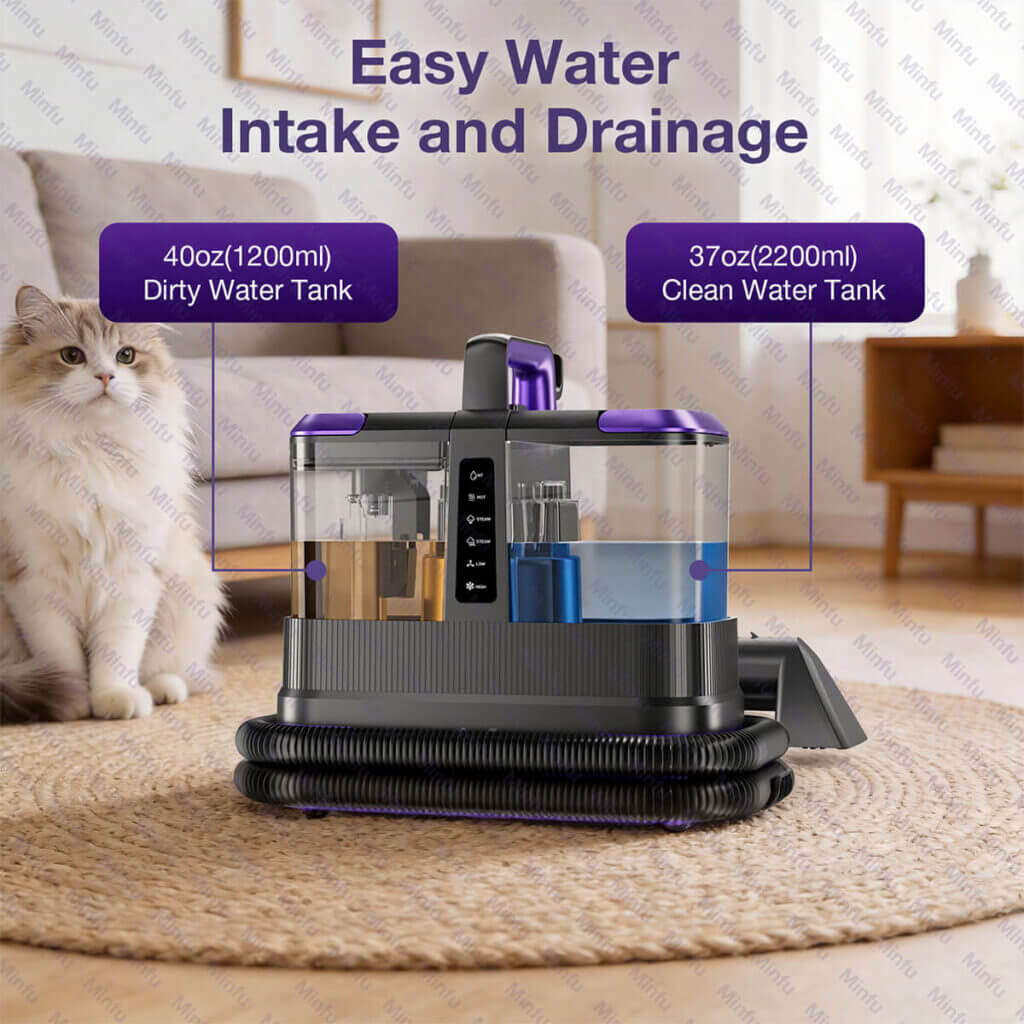 Minfu C888 steam carpet cleaner highlighting its large 2200ml clean water tank and 1200ml dirty water tank.