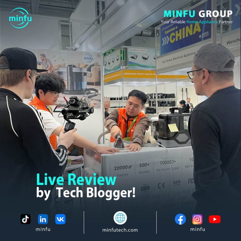 minfu-carpet-cleaner-blogger-review-russia Tech blogger filming a live review of the Minfu C888 steam carpet cleaner at the Russian exhibition.