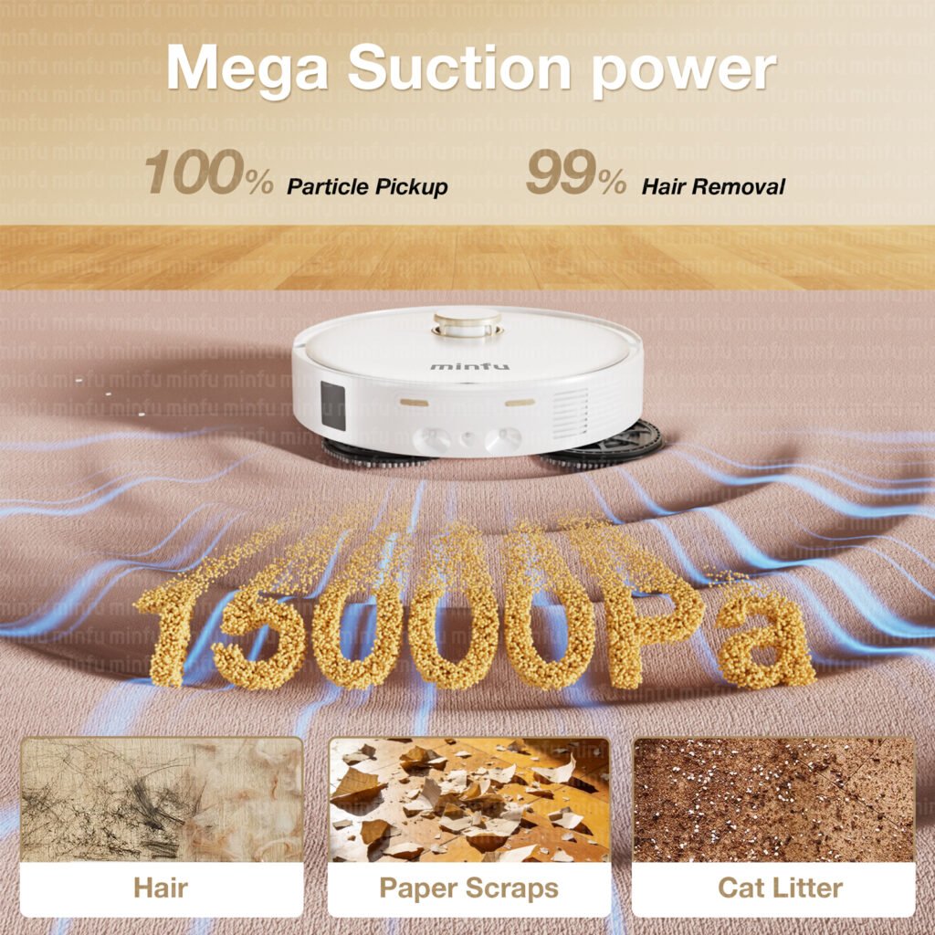 Bottom view of Minfu HW1 showing the high-performance brushless motor delivering 15000Pa suction