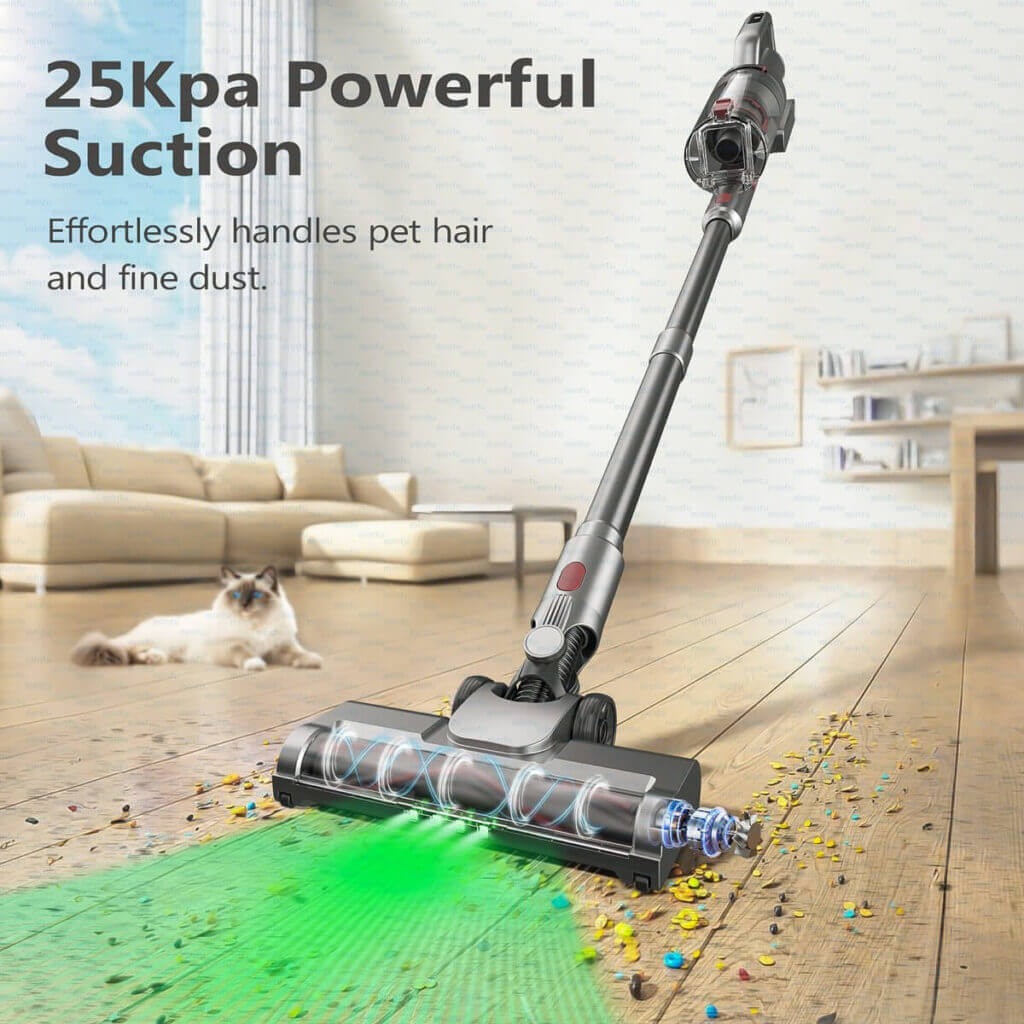 Minfu S17 cordless vacuum cleaner demonstrating 25Kpa powerful suction and green LED dust illumination on a hard floor.