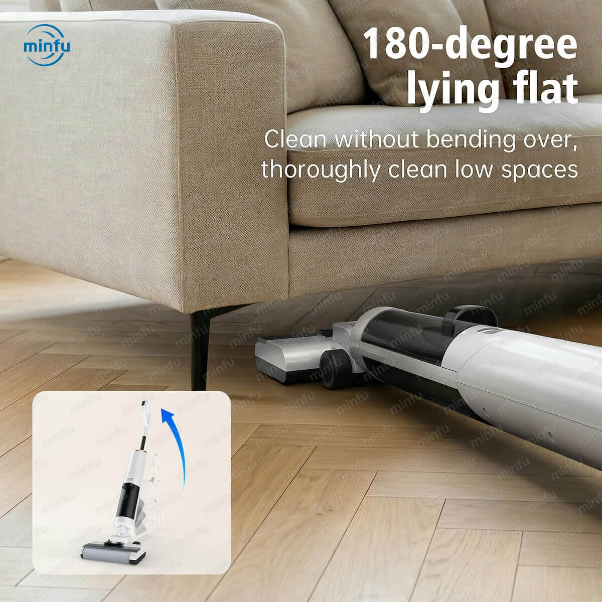 Woman cleaning under a bed effortlessly using a 180-degree flat-reach lightweight floor washer without bending over.