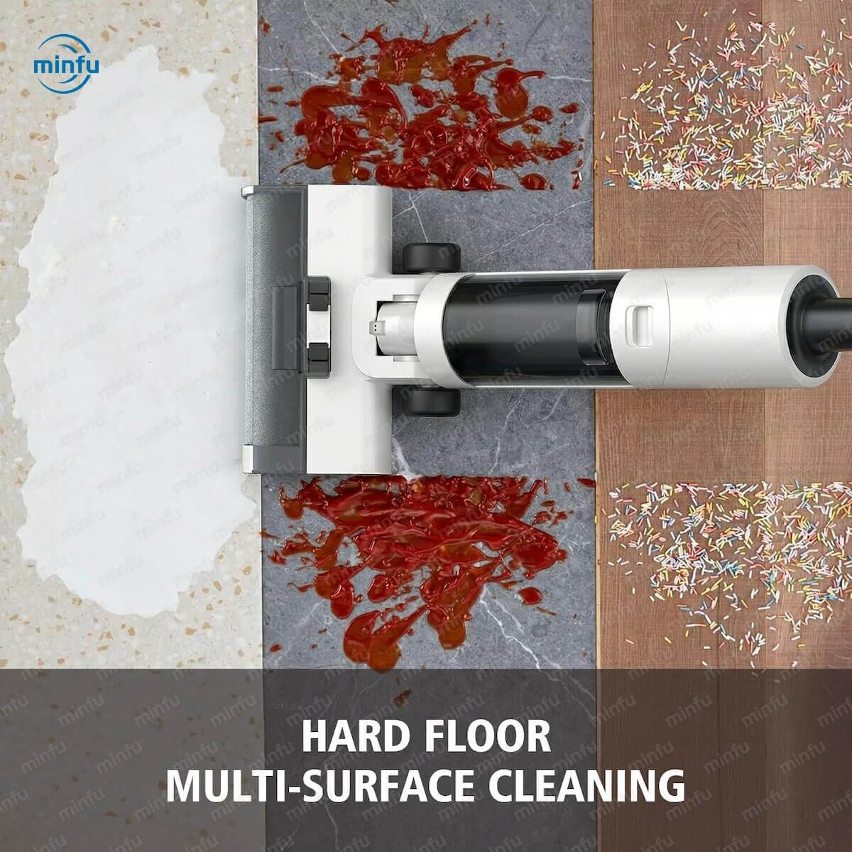 Minfu lightweight floor washer with 15KPa strong suction cleaning heavy wet and dry stains like noodles and ketchup from a hard floor.