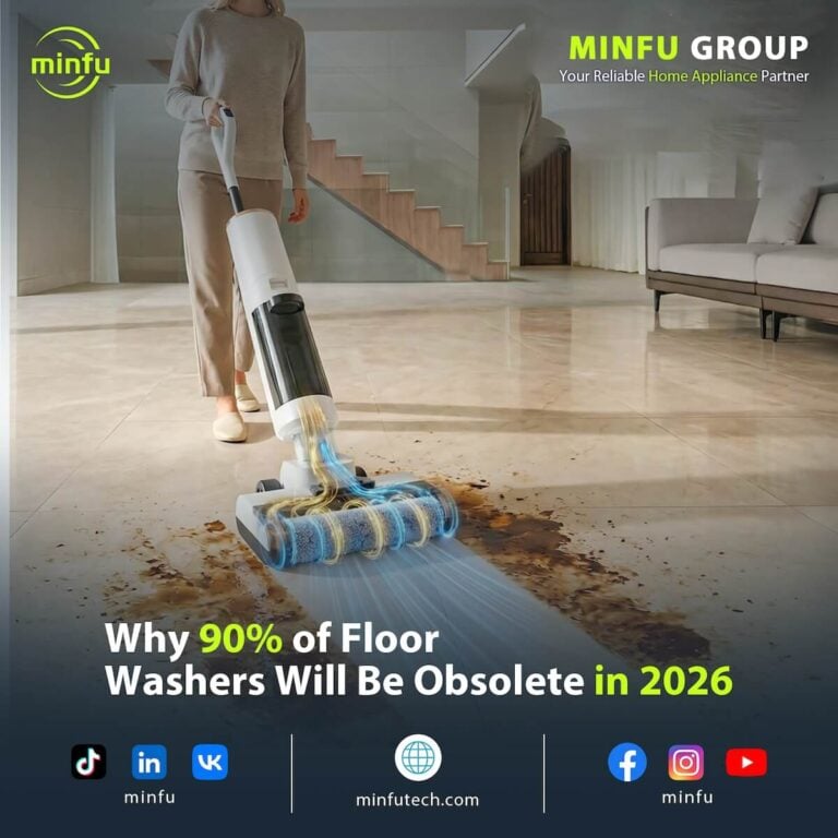minfu-3kg-lightweight-floor-washer-white Minfu 3KG cordless lightweight floor washer standing upright on a white background.