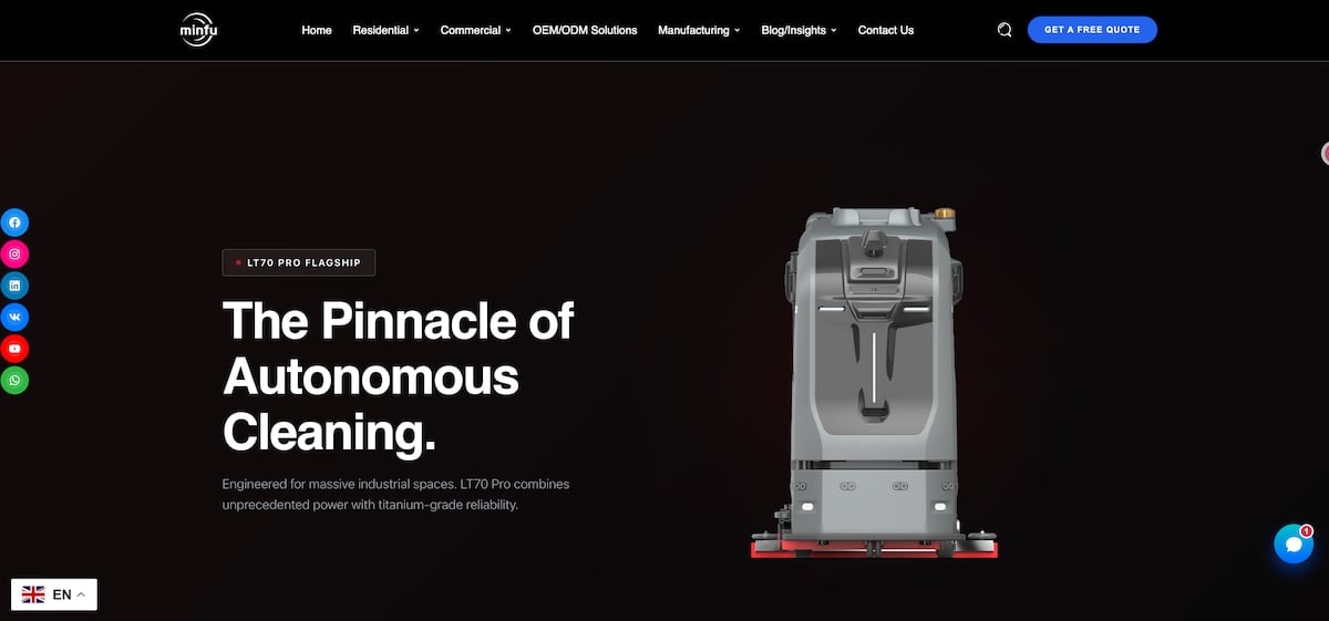 Minfu commercial cleaning robot factory homepage highlighting the LT10 and LT70 Pro autonomous scrubbers for OEM and global distributors.