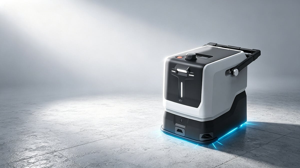 Minfu LT10 agile and compact commercial cleaning robot with smart blue indicator lights operating on an office floor.