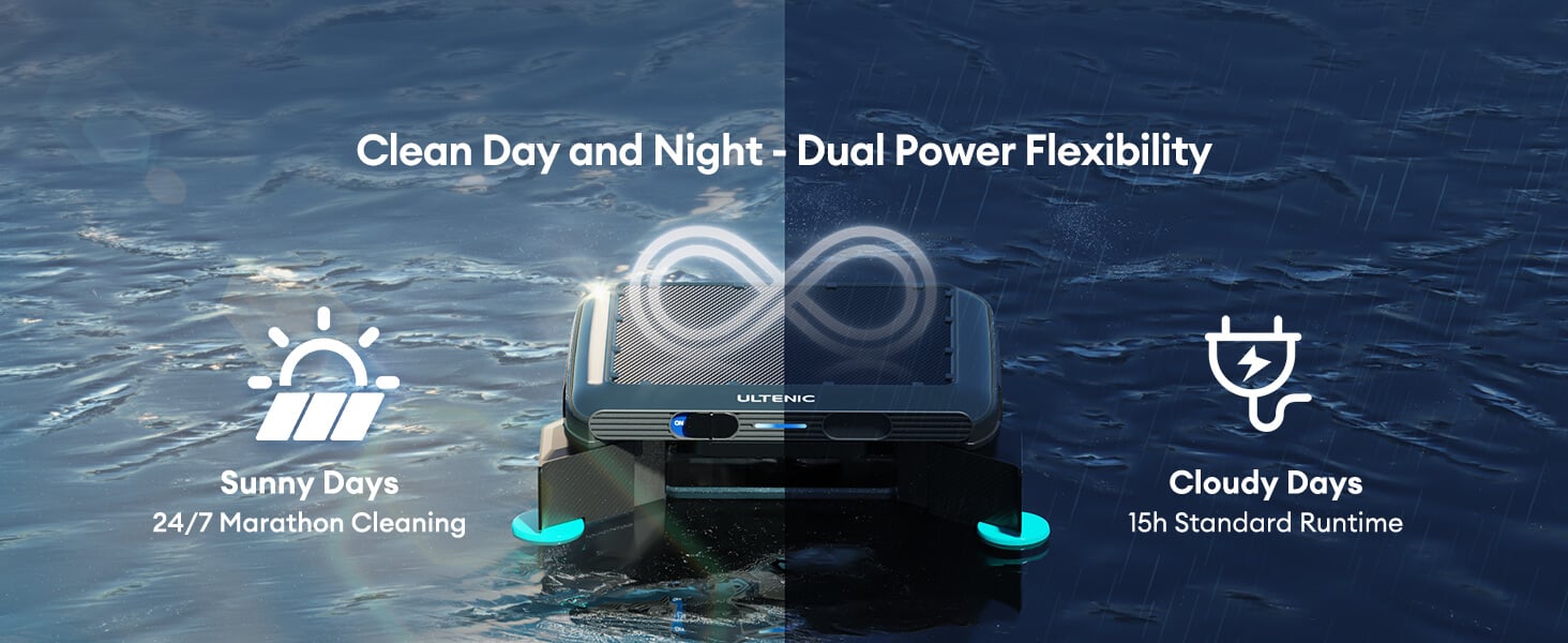 Minfu MFS01 solar pool cleaner robot dual charging system and 15-hour battery life