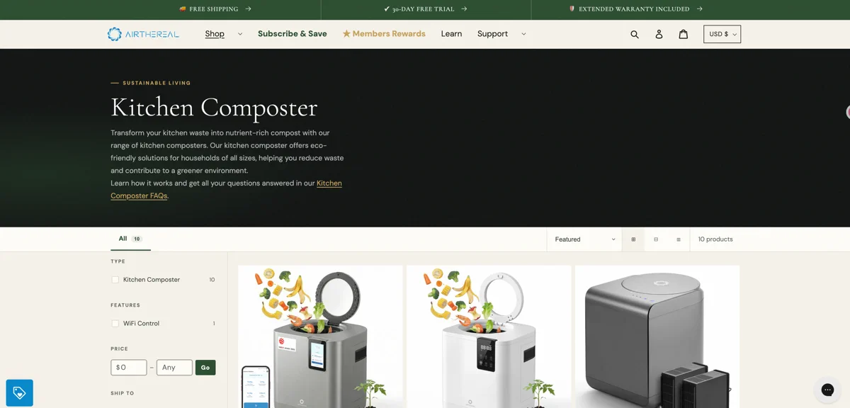 Airthereal kitchen composter website, representing a popular entry-level Amazon FBA brand. Discover how to source upgraded models from China.