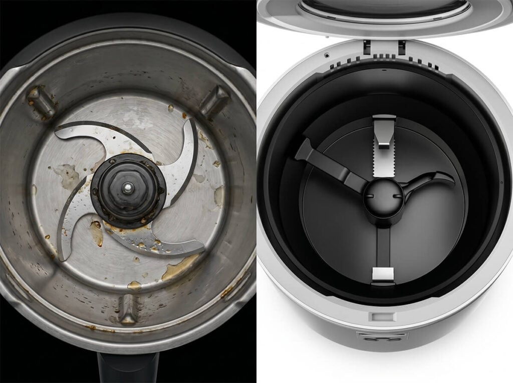 Competitor teardown showing rotting food trapped under fixed blades compared to Minfu's easy-to-clean, PFAS-free ceramic-coated bucket with removable blades.