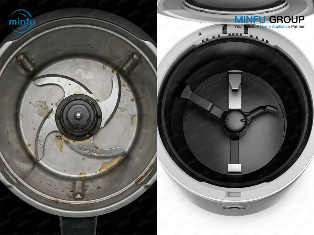 Competitor teardown showing rotting food trapped under fixed blades compared to Minfu's easy-to-clean, PFAS-free ceramic-coated bucket with removable blades.