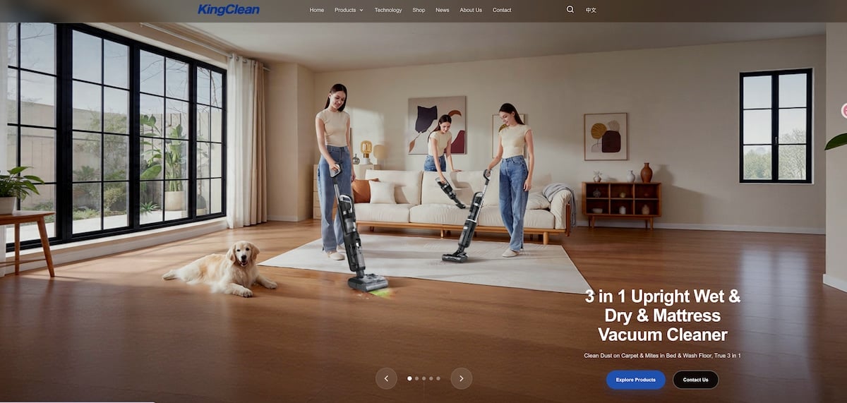 Screenshot of Kingclean Electric website, one of the largest legacy vacuum cleaner manufacturers in Suzhou, China.