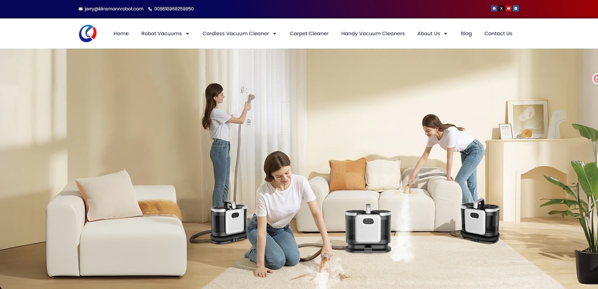 Official website of Klinsmann, a well-known Chinese manufacturer specializing in robot vacuums and stick cleaners.