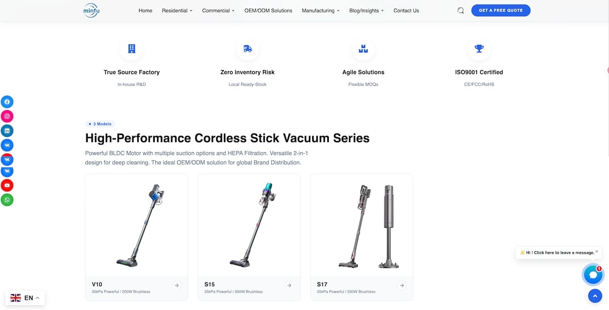 Minfu Group official website showcasing premium 25kPa OEM cordless stick vacuum cleaners for global B2B brands.