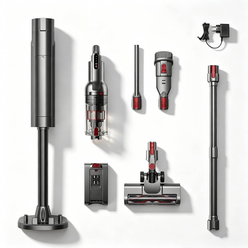 Minfu OEM cordless stick vacuum featuring a compliant detachable lithium battery pack.