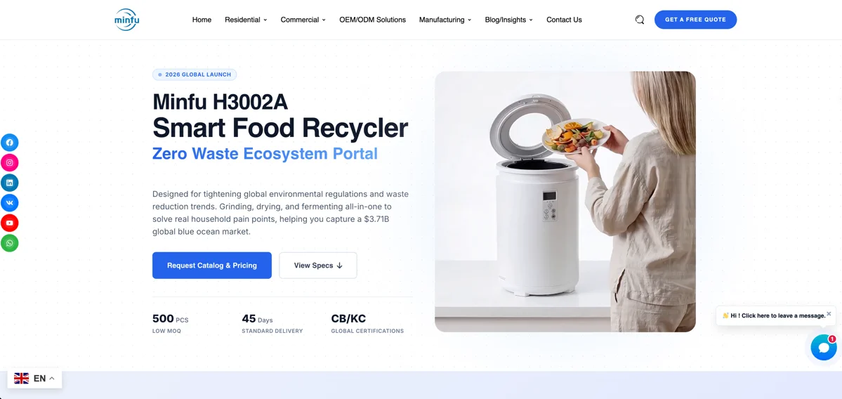 Minfu smart food recycler H3002A, a premium 4.5L electric composter with self-cleaning and fermentation modes, available for OEM and ODM manufacturing.