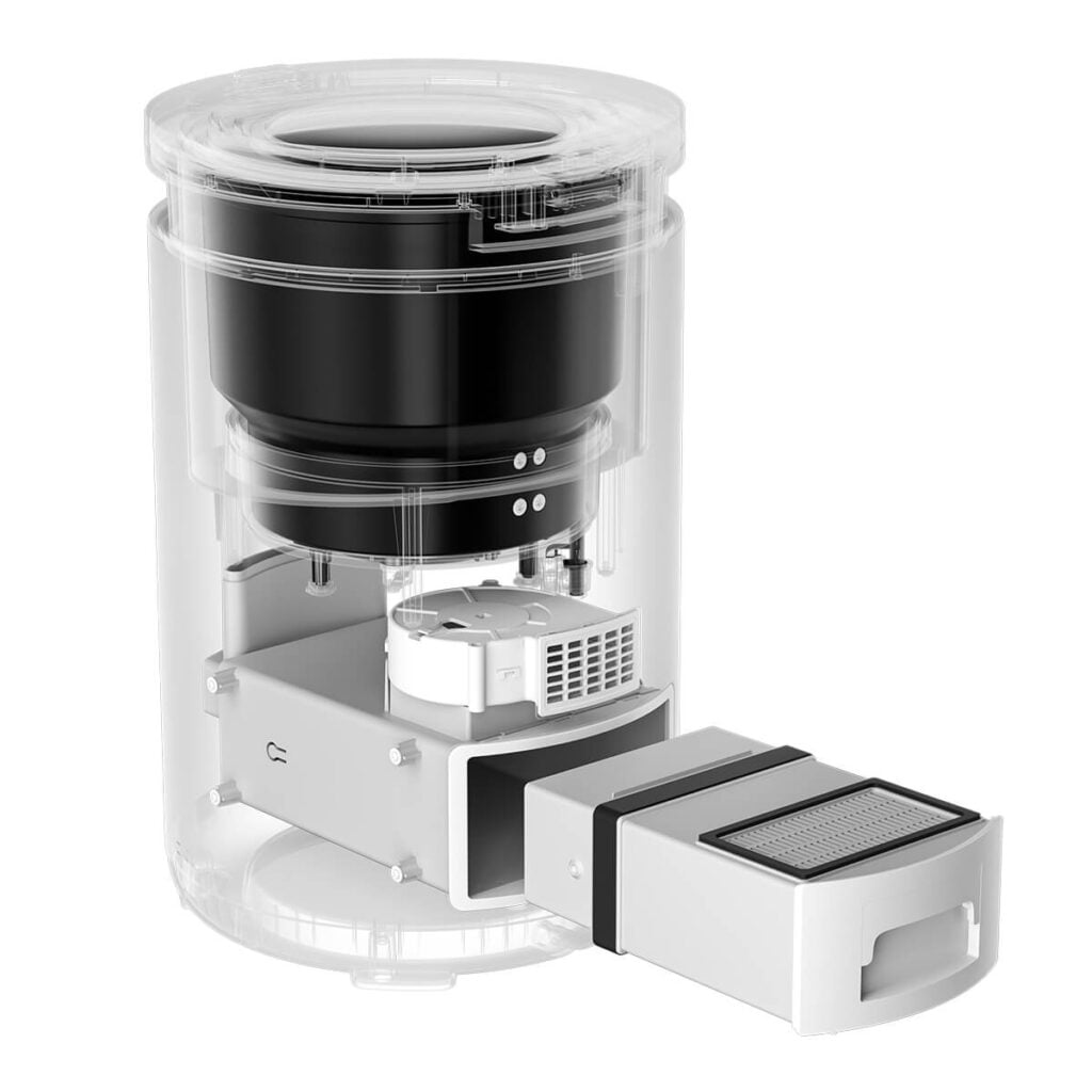 X-ray transparent view of the Minfu H3002A electric composter showing its advanced internal engineering, BLDC motor, and drawer-style filter mechanism for OEM brands.
