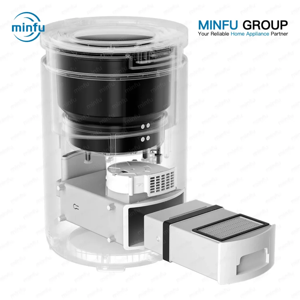 X-ray transparent view of the Minfu H3002A electric composter showing its advanced internal engineering, BLDC motor, and drawer-style filter mechanism for OEM brands.