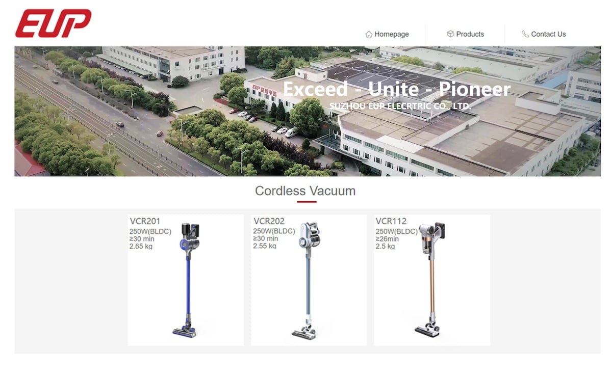 Suzhou EUP Electric website, a traditional Chinese factory producing entry-level floor care appliances.