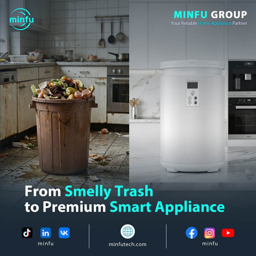A side-by-side comparison of a dirty, overflowing traditional kitchen trash can attracting fruit flies, contrasted with the sleek, odor-free Minfu H3002A smart electric composter on a modern countertop. Discover the ultimate OEM solution to minimize return rates.