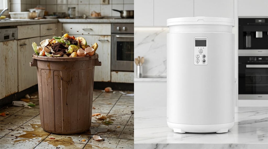 A side-by-side comparison showing a dirty, smelly traditional kitchen trash can attracting fruit flies next to the clean, sleek Minfu H3002A smart food recycler on a modern countertop.