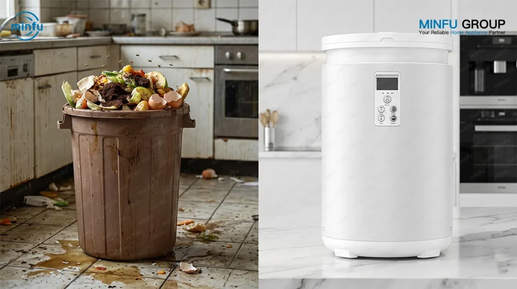 A side-by-side comparison showing a dirty, smelly traditional kitchen trash can attracting fruit flies next to the clean, sleek Minfu H3002A smart food recycler on a modern countertop.