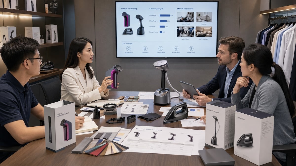 B2B buyers and factory team comparing vacuum garment steamer traditional steamer and steam iron samples packaging and market positioning