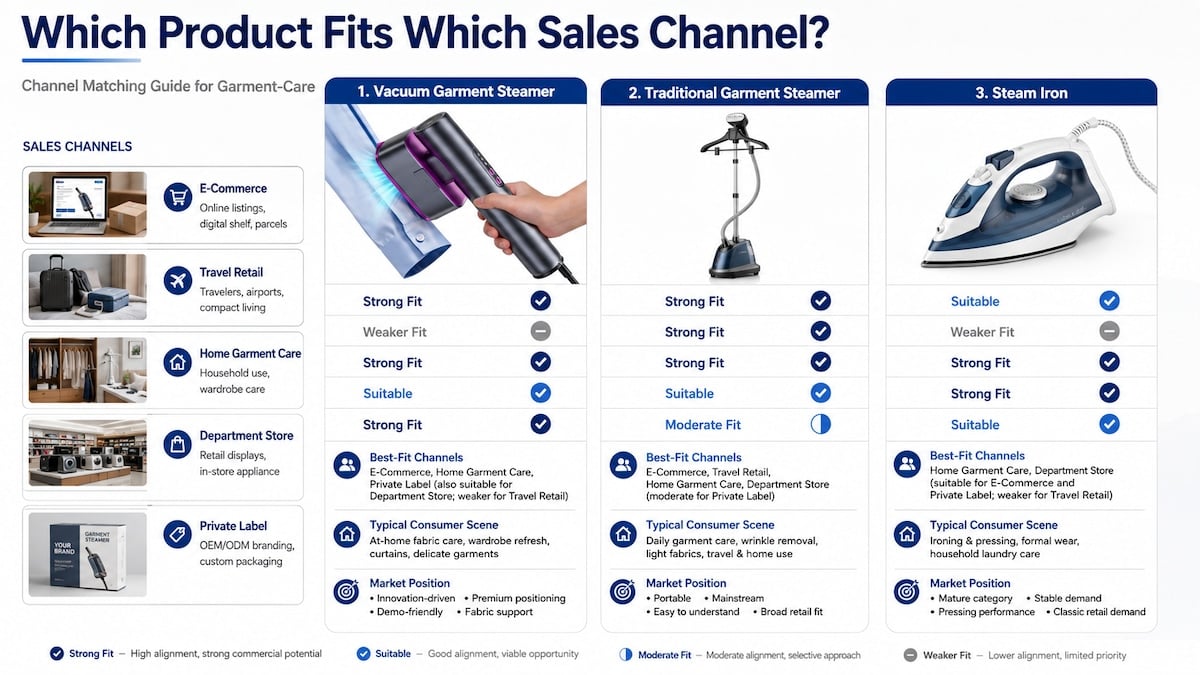 Sales channel comparison for vacuum garment steamers traditional garment steamers and steam irons across e-commerce travel retail home care department stores and private label