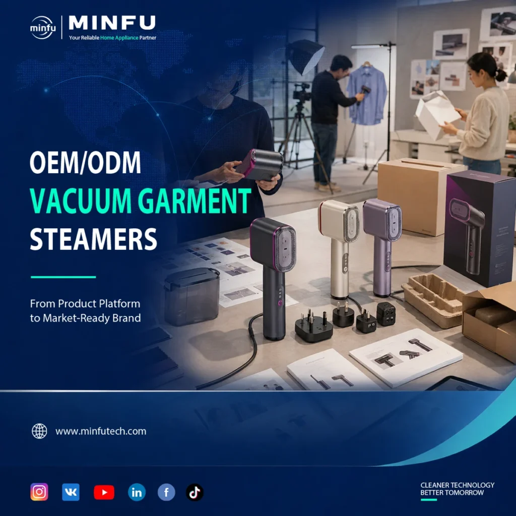 OEM and ODM development of a private-label vacuum garment steamer with custom colours packaging regional plugs and market launch materials