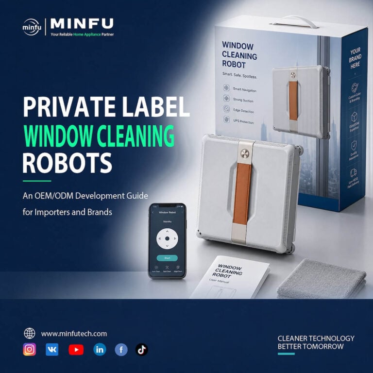 private-label-window-cleaning-robot-oem-odm-guide Minfu private label window cleaning robot OEM and ODM guide for importers and brands, featuring custom packaging, app control, user manual, and cleaning accessories.