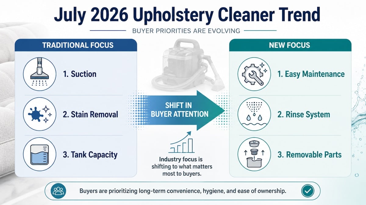 July 2026 upholstery cleaner trend showing buyer priorities shifting from suction and tank capacity to easy maintenance rinse systems and removable parts