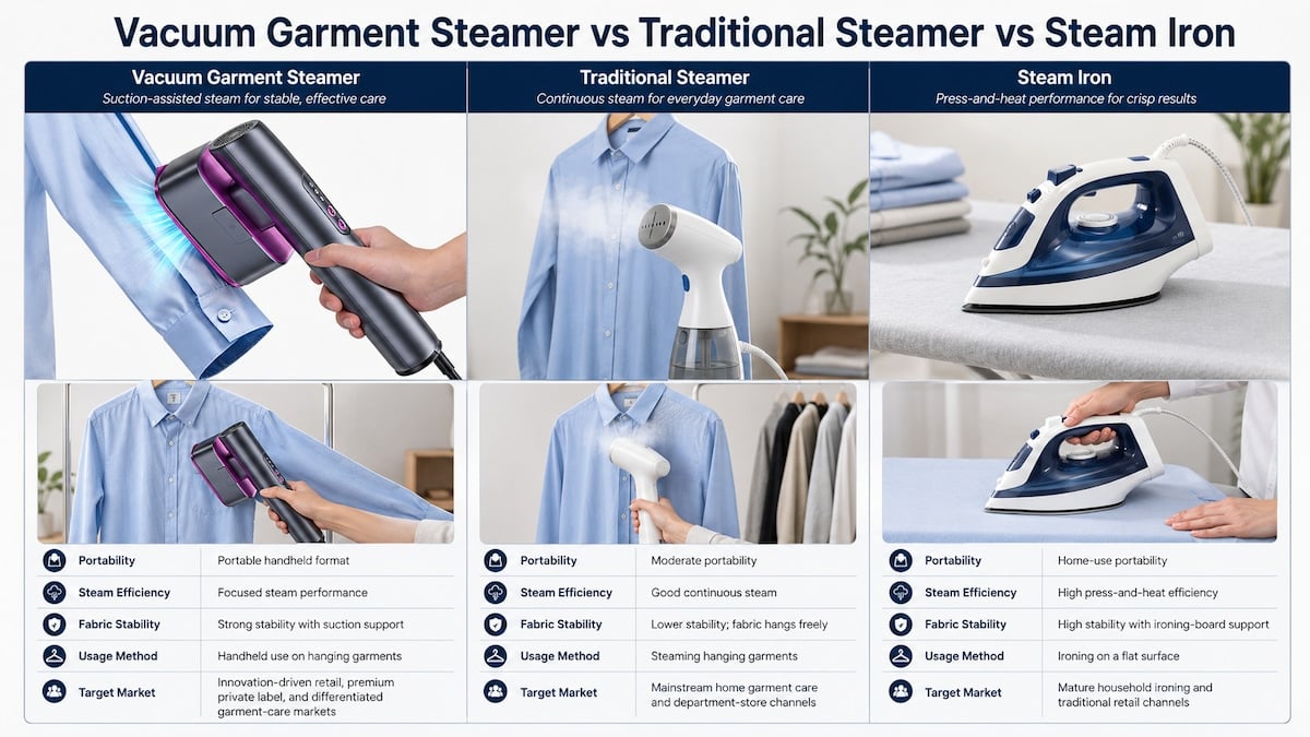 Comparison of vacuum garment steamer traditional steamer and steam iron by portability steam performance fabric control usage and target market