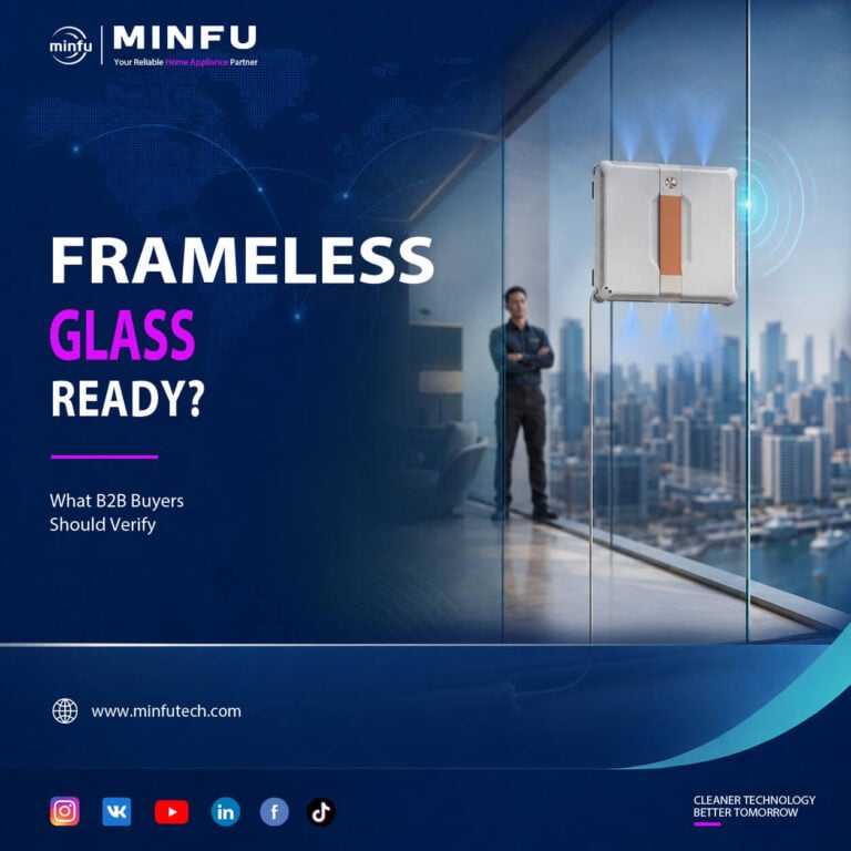 window-cleaning-robot-for-frameless-glass Window cleaning robot approaching a frameless glass edge for B2B compatibility and safety verification