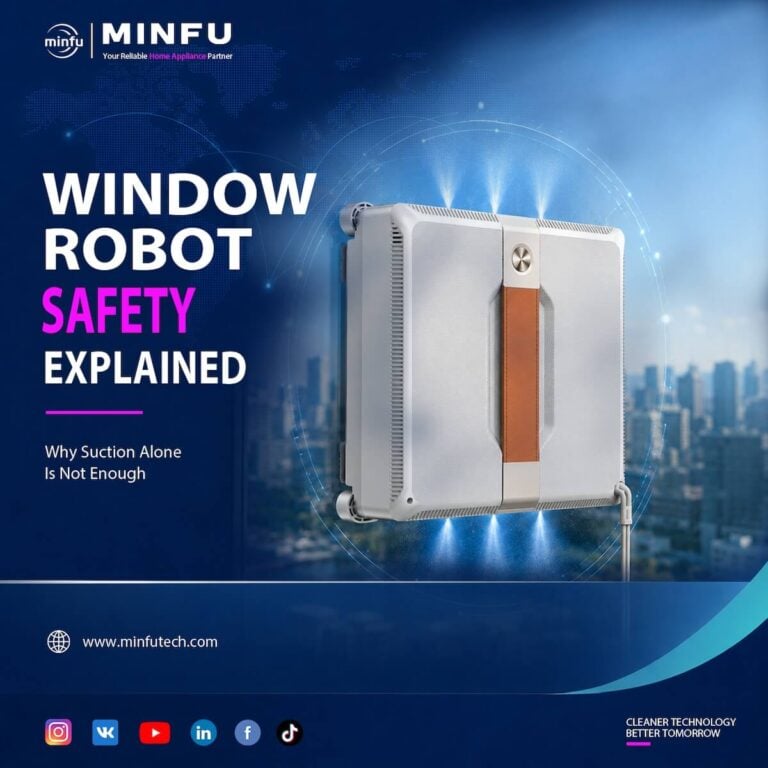window-cleaning-robot-safety-explained Window cleaning robot safety explained with suction UPS backup edge detection alarm and safety rope protection