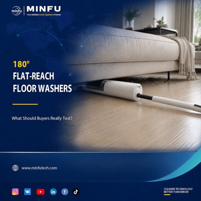 180-degree-flat-reach-floor-washer-buyers-guide Y20 cordless floor washer operating in a fully flat position under a low sofa for under-furniture cleaning
