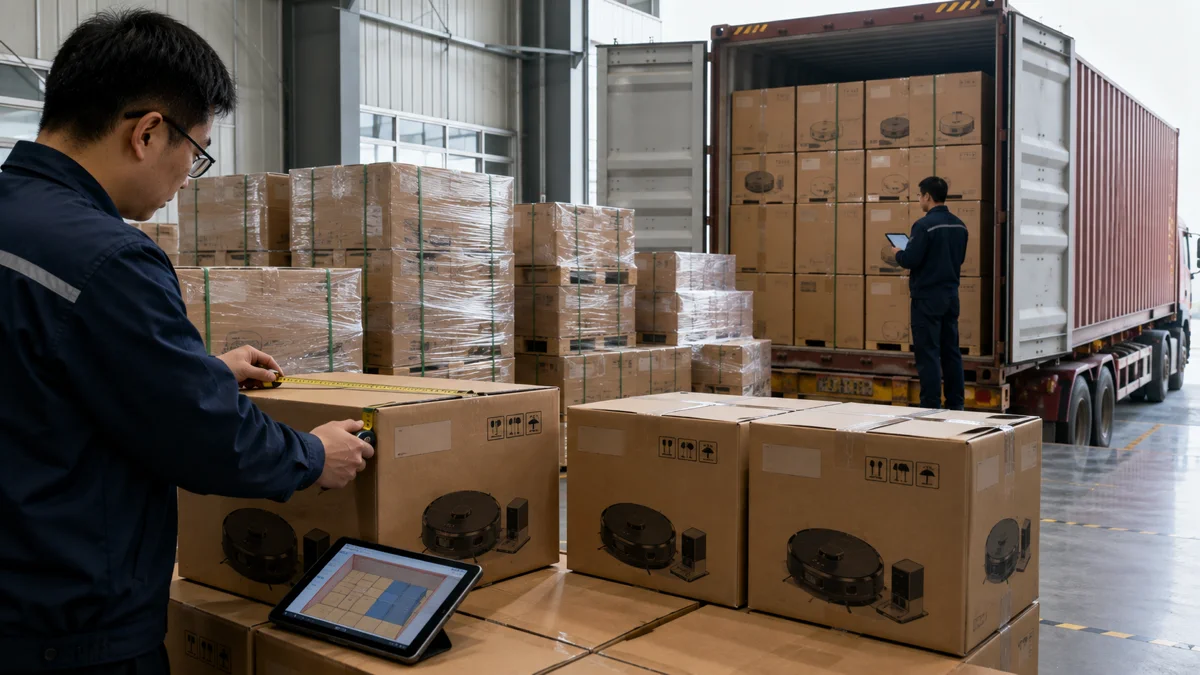 Cleaning appliance cartons being measured and planned for container loading before bulk shipment