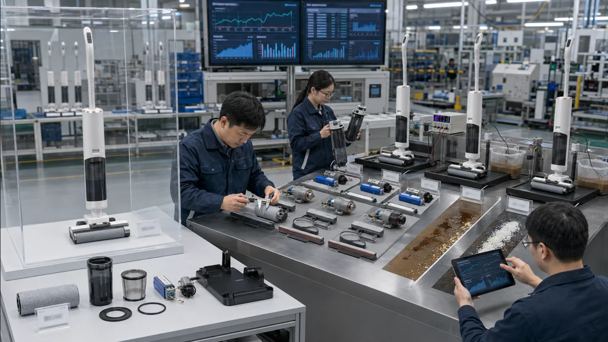 Engineers comparing a Y20 floor washer golden sample with mass-production units through component, sealing, battery and cleaning performance tests