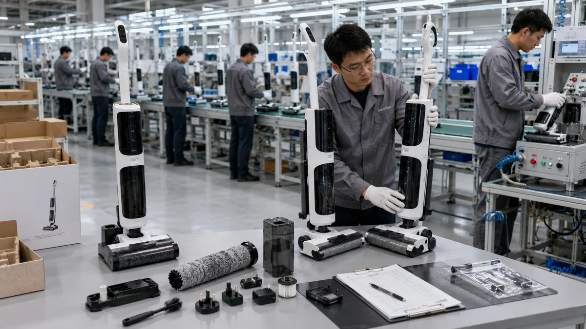 QC engineer comparing mass-produced floor washers with an approved golden sample to verify product consistency before shipment