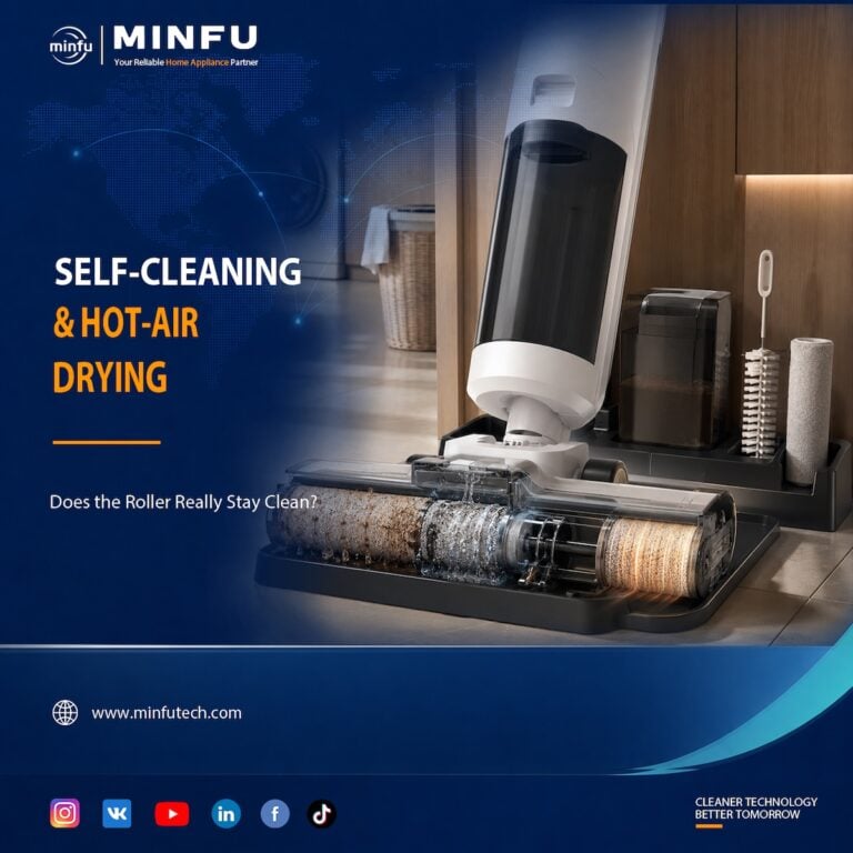 floor-washer-self-cleaning-hot-air-drying-guide Floor washer roller undergoing self-cleaning and hot-air drying on the charging dock after wet floor cleaning