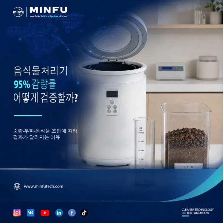 food-waste-processor-95-percent-reduction-rate-test H3002A 음식물처리기와 처리 후 잔여물의 중량 및 부피를 측정해 최대 95% 감량률을 검증하는 장면