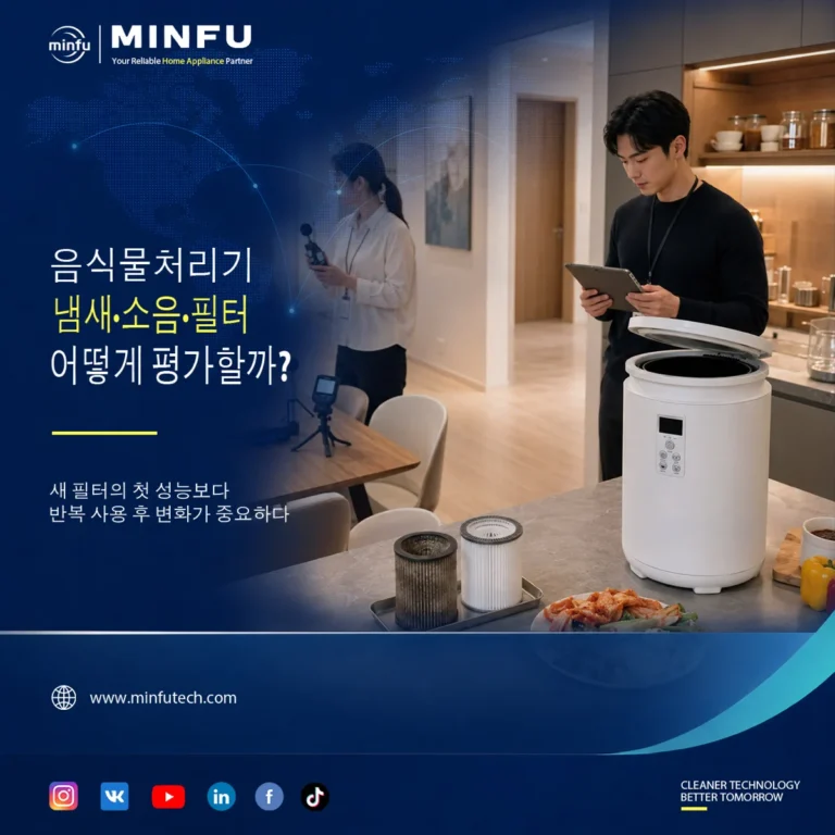 food-waste-processor-odor-noise-filter-evaluation 한국형 주방에서 H3002A 음식물처리기의 냄새와 소음 및 활성탄 필터 성능을 평가하는 모습
