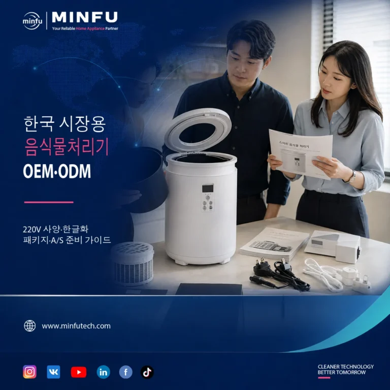 food-waste-processor-oem-odm-korea-market-guide 한국 시장용 음식물처리기 OEM·ODM 프로젝트를 위해 H3002A와 한글 설명서, 전원 사양 및 현지화 자료를 검토하는 모습