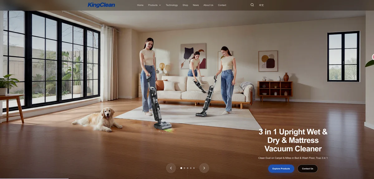 KingClean official website showing a 3-in-1 upright wet and dry vacuum cleaner in a home cleaning scene