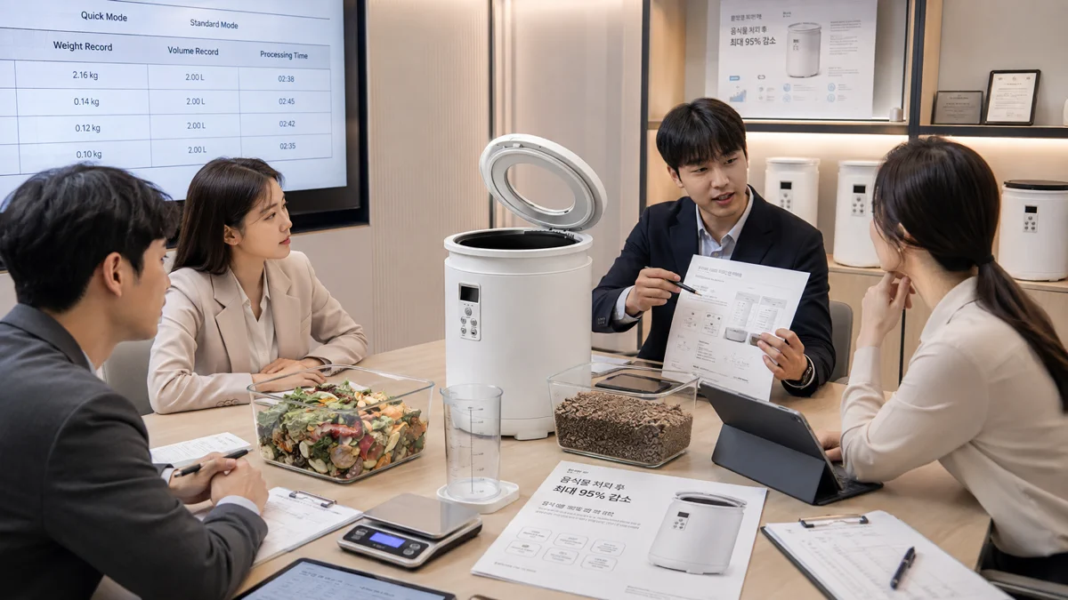 한국 브랜드팀이 H3002A의 중량·부피·처리시간 시험자료를 검토해 최대 95% 감량 문구를 결정하는 모습