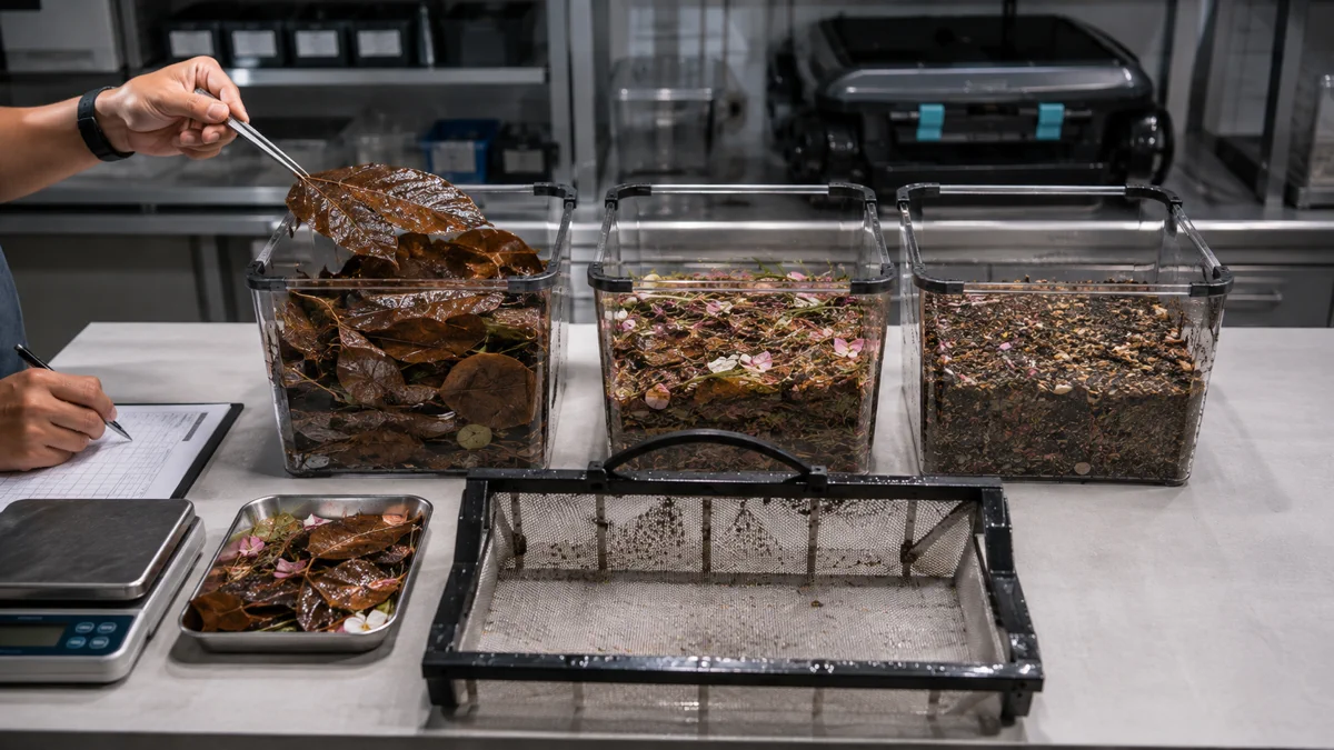 Wet leaves, flower petals and fine pool debris compared in equal-volume containers to evaluate robotic pool skimmer filter capacity