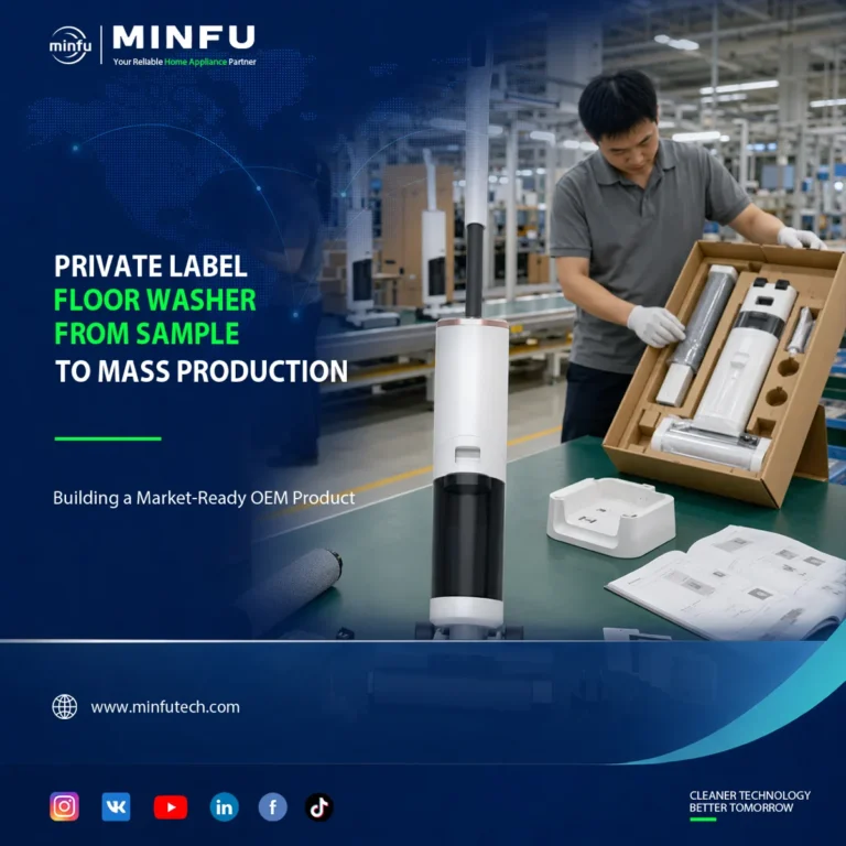 private-label-floor-washer-from-sample-to-mass-production Private label floor washer moving from approved sample and packaging development to mass production in an OEM factory