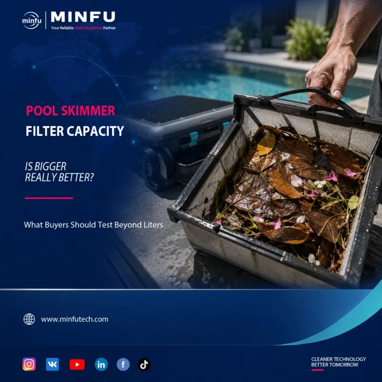 robotic-pool-skimmer-filter-capacity-guide Wet debris filter removed from a robotic pool skimmer to evaluate real filter capacity beyond the nominal liter rating